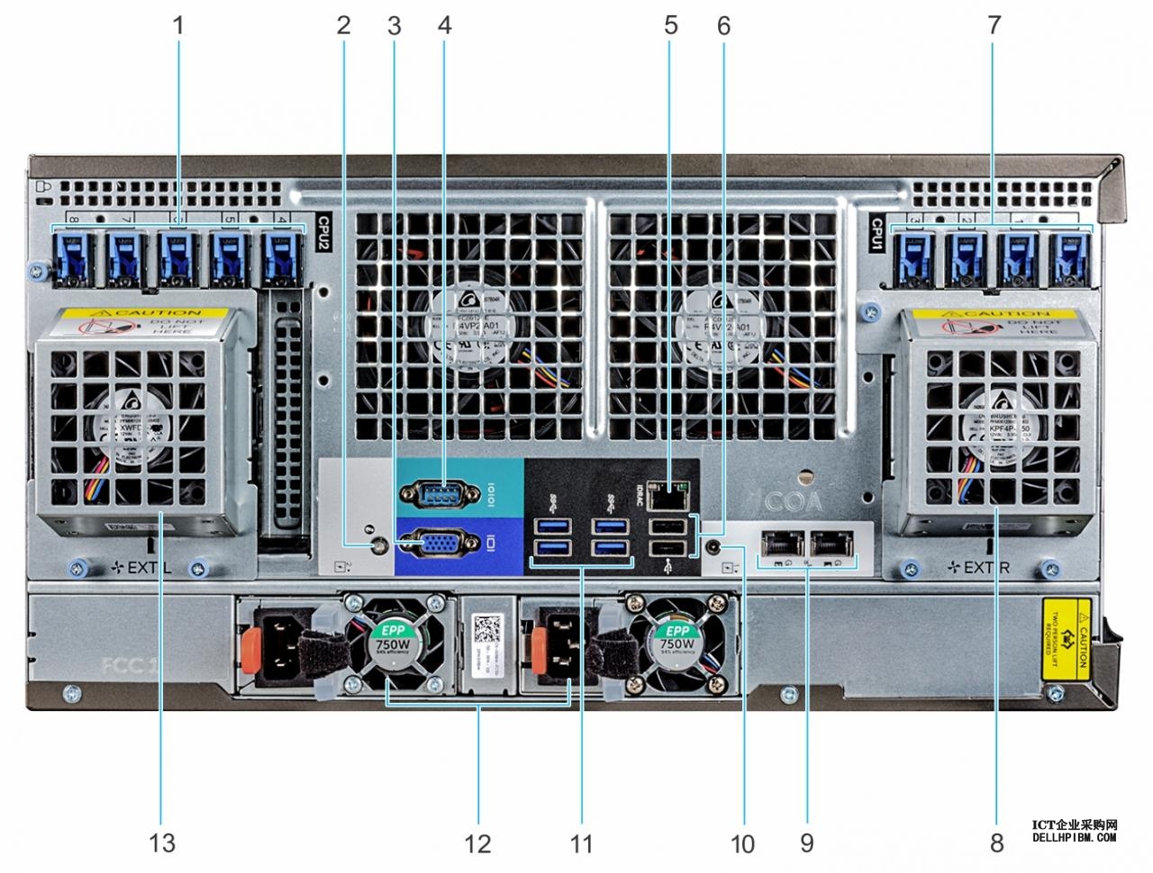 此图显示 T640 系统机架配置的背面视图
