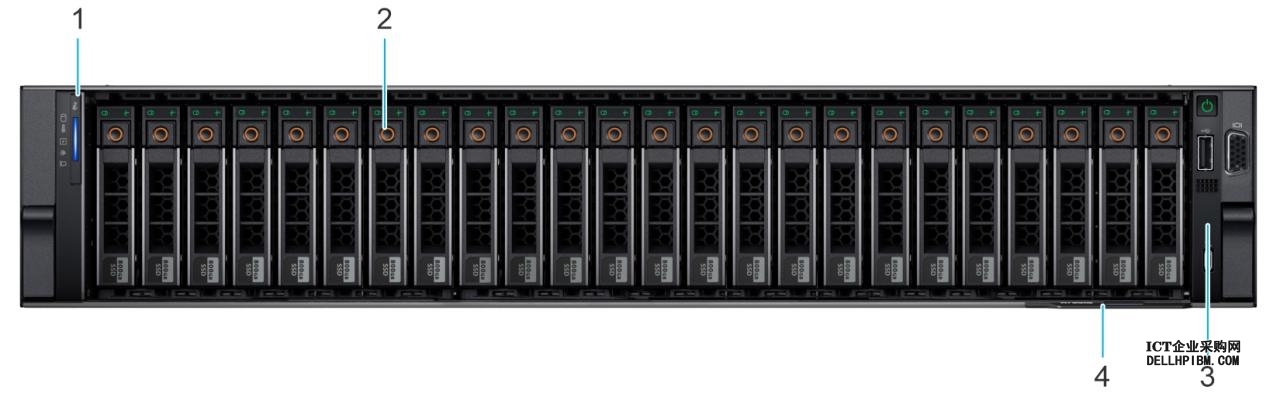 此图显示 16 x 2.5 英寸 SAS/SATA + 8 x 2.5 英寸 NVMe 驱动器系统的前视图