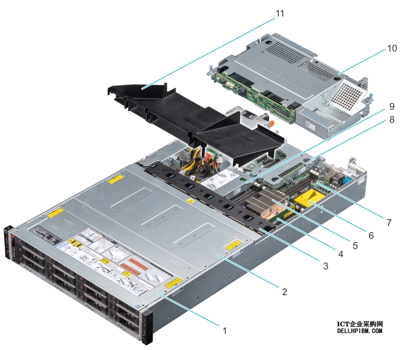 此图显示带背面驱动器固定框架和全高提升板的系统内部组件。